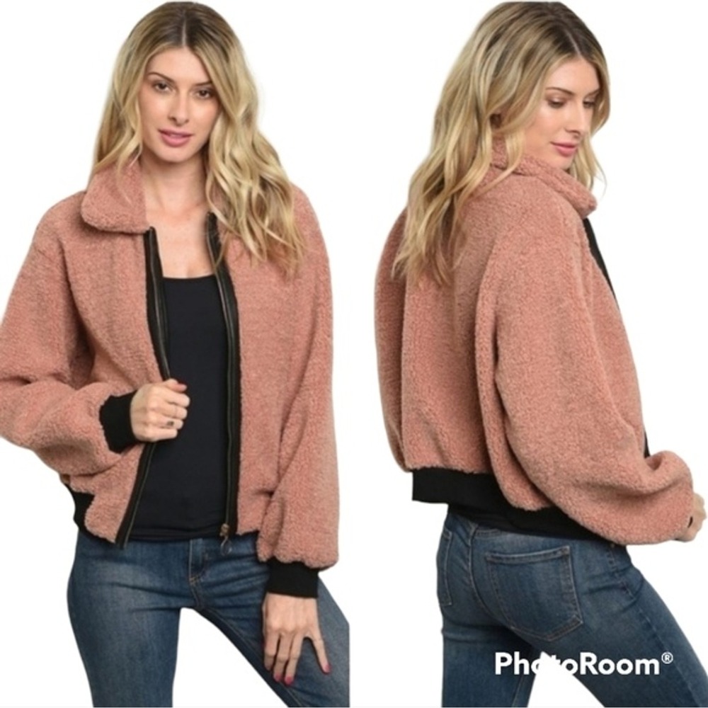Pink Owl Tan Sherpa Teddy Full Zip Jacket Black Faux Leather Trim Size‎ Large